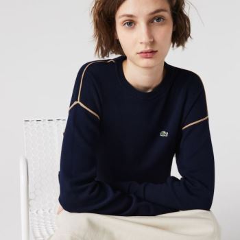 Lacoste Crewneck Cotton Sweater - Svetr Dámské Tmavě Blankyt Blankyt / Béžový | CZ-J4Sqac